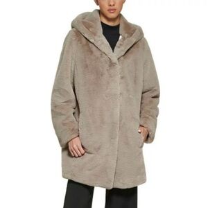 DKNY Women's Hooded Faux Fur Coat Silver Gray Size Small EUC $250